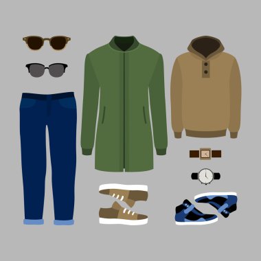 Modaya uygun erkek kıyafetleri seti. Erkek parka, kot pantolon, kapüşonlu ve aksesuarları kıyafet. Erkek gardırop