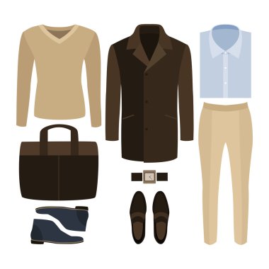 Modaya uygun erkek kıyafetleri seti. Erkek ceket, pantolon, pullover, gömlek ve aksesuarları Kıyafeti. Erkek gardırop