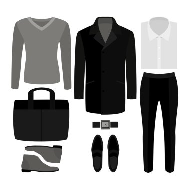 Modaya uygun erkek kıyafetleri seti. Erkek ceket, pantolon, pullover, gömlek ve aksesuarları Kıyafeti. Erkek gardırop