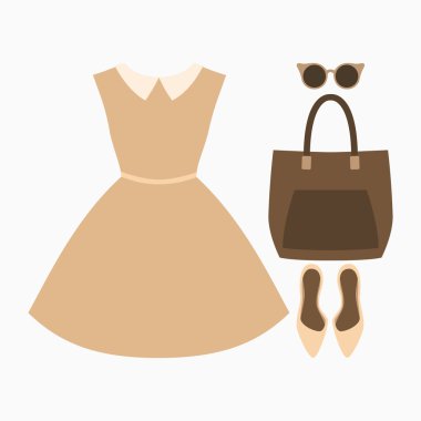 Trendy kadın giyim kümesi. Kıyafet kadın elbise ve aksesuarlar. Kadın gardırop