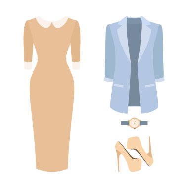 Trendy kadın giyim kümesi. Kıyafet, kadın ceket, elbise ve aksesuarlar. Kadın gardırop