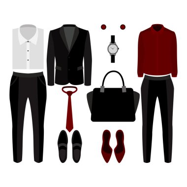 Trendy kıyafetler kümesi. Kıyafet erkek ve kadın giyim ve aksesuarları