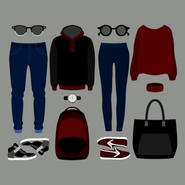 Trendy kıyafetler kümesi. Kıyafet erkek ve kadın giyim ve aksesuarları