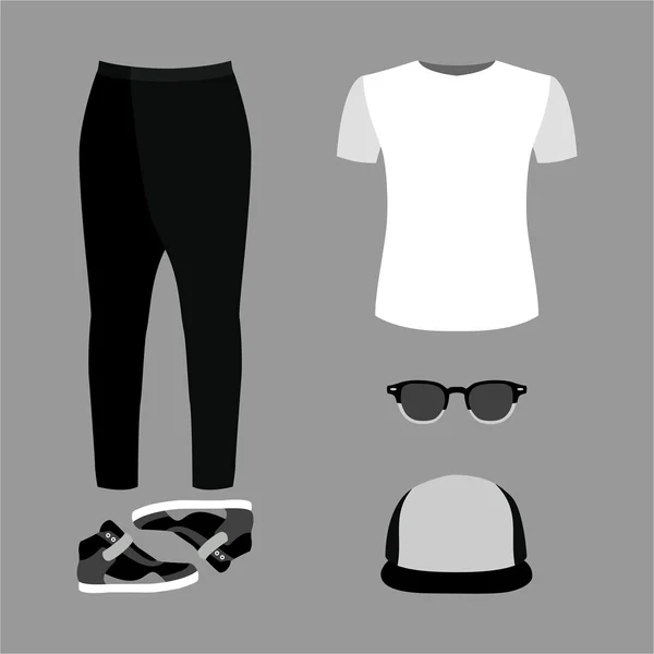 Conjunto de roupas masculinas da moda. Roupa de homem calças, t-shirt e acessórios. Roupeiro masculino —  Vetores de Stock