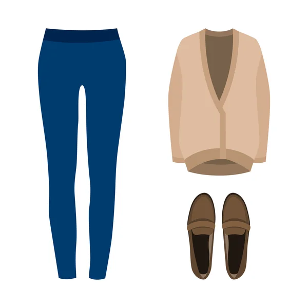 Sada módních ženských šatů. Oblek ženských džínů, Kardigan a loafů. Dámská skříň — Stockový vektor