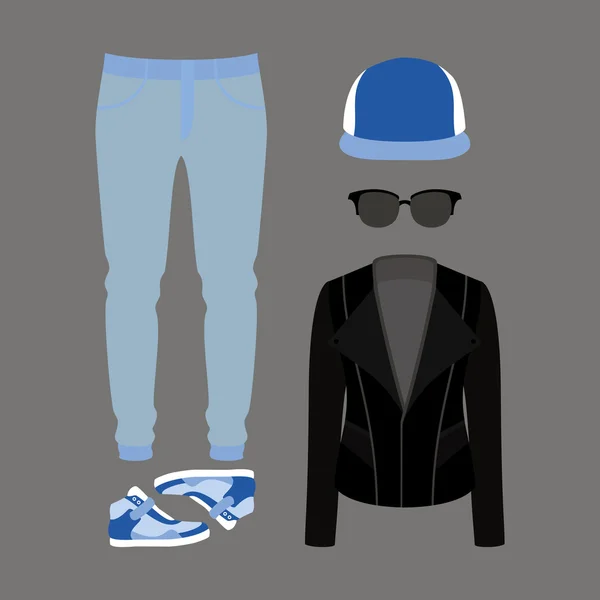 Conjunto de ropa de hombre de moda. Traje de hombre jeans, chaqueta rocker y accesorios. Armario de hombre — Vector de stock