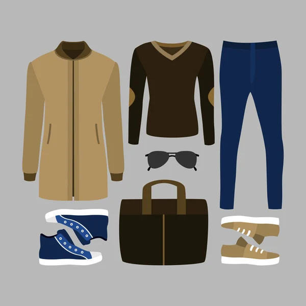 トレンディなメンズ服のセット。男性のコート、ズボン、プルオーバー、アクセサリーの衣装。メンズワードローブ — ストックベクタ