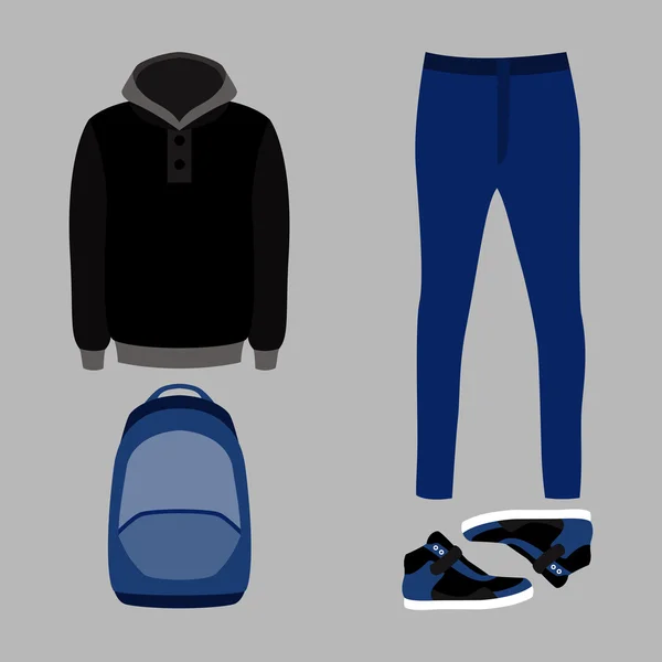 Uppsättning av trendiga herrkläder. Outfit av mannen jeans, Hoody och tillbehör. Mäns garderob — Stock vektor