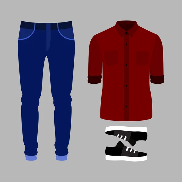 Conjunto de ropa de hombre de moda. Traje de hombre pantalones, camisa y zapatillas de deporte. Armario de hombre — Vector de stock