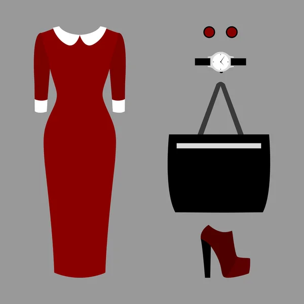 Conjunto de ropa de mujer de moda. Traje de mujer vestido y accesso — Archivo Imágenes Vectoriales