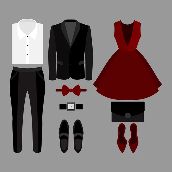 Conjunto de ropa de moda. Traje de hombre y mujer ropa y accesorios — Vector de stock