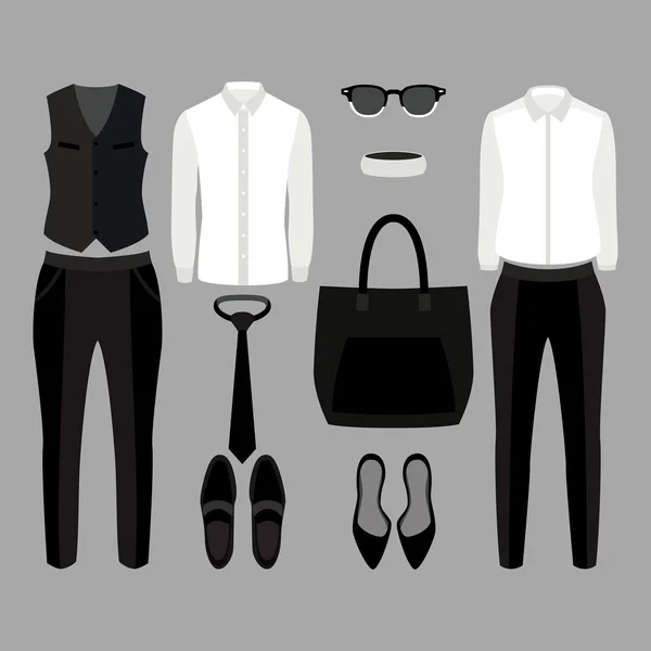 Set van trendy kleding. Outfit van man en vrouw kleding en accessoires — Stockvector