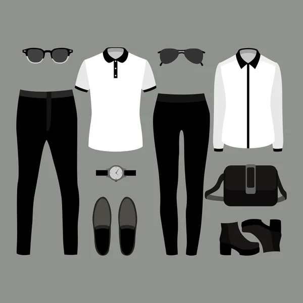 Conjunto de ropa de moda. Traje de hombre y mujer ropa y accesorios — Vector de stock