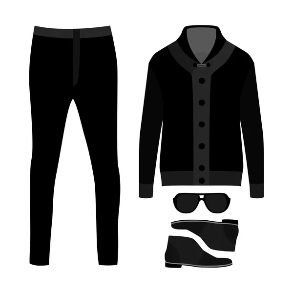 Set of  trendy men's clothes. Outfit of man cardigan, pants and accessories. Men's wardrobe — Stock Vector