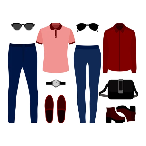 Set van trendy kleding. Outfit van man en vrouw kleding en accessoires — Stockvector