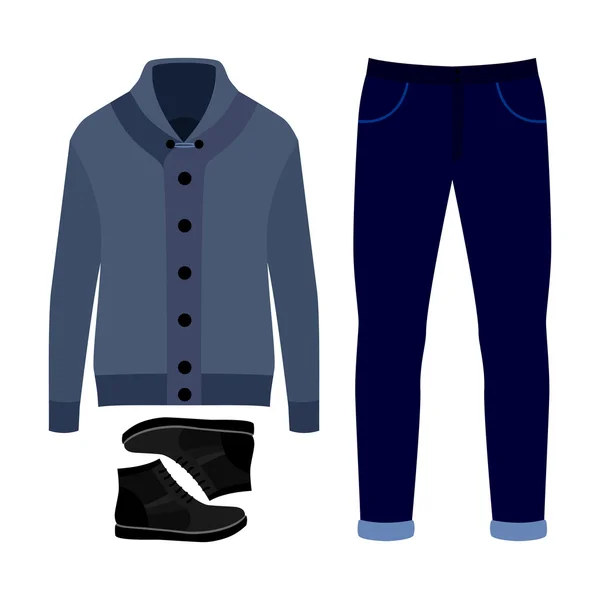 Conjunto de ropa de hombre de moda. Traje de chaqueta de hombre, pantalones y botas. Armario de hombre — Vector de stock