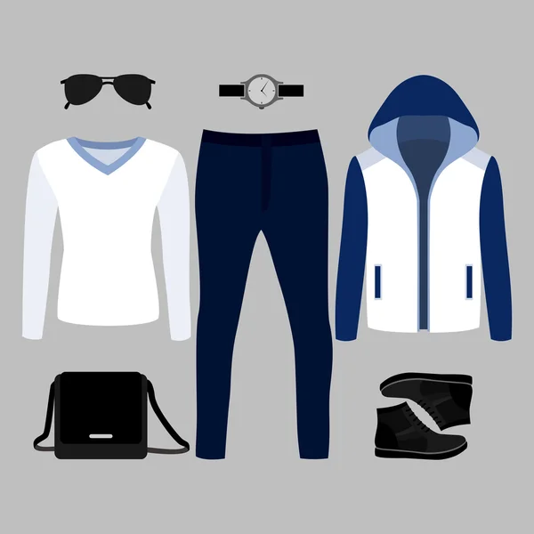 Conjunto de roupas masculinas da moda. Roupa de homem blazer, pulôver, calças e acessórios. Roupeiro masculino —  Vetores de Stock