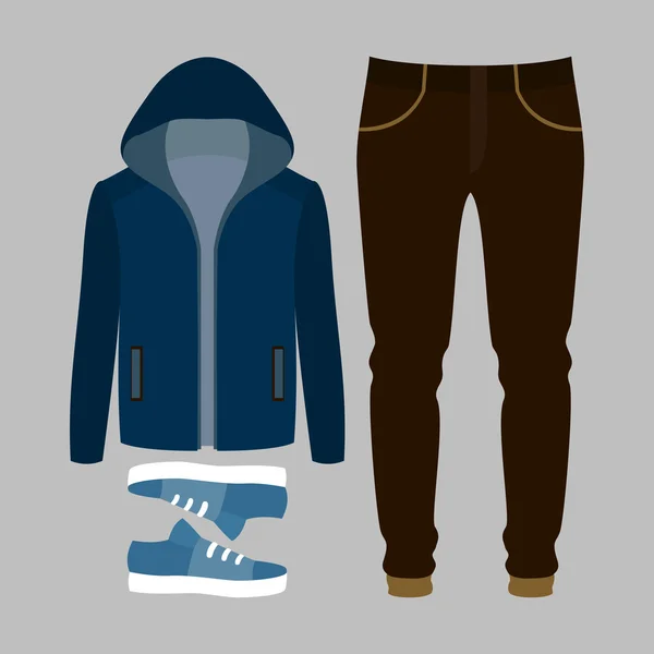 유행 남자 옷의 집합입니다. 남자 재킷, 바지 및 액세서리의의 상에 남자의 옷장 — 스톡 벡터