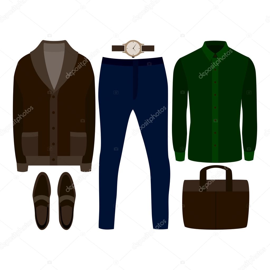 Set of  trendy men's clothes. Outfit of man cardigan, shirt, pants and accessories. Men's wardrobe