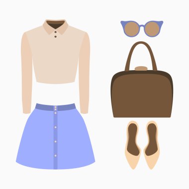 Trendy kadın giyim kümesi. Kıyafet kadın etek, bluz ve aksesuarları. Kadın gardırop