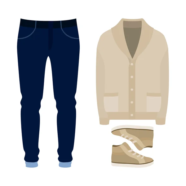 Набор модной мужской одежды. Одежда из мужского кардигана, брюк и кроссовок. Мужской гардероб — стоковый вектор