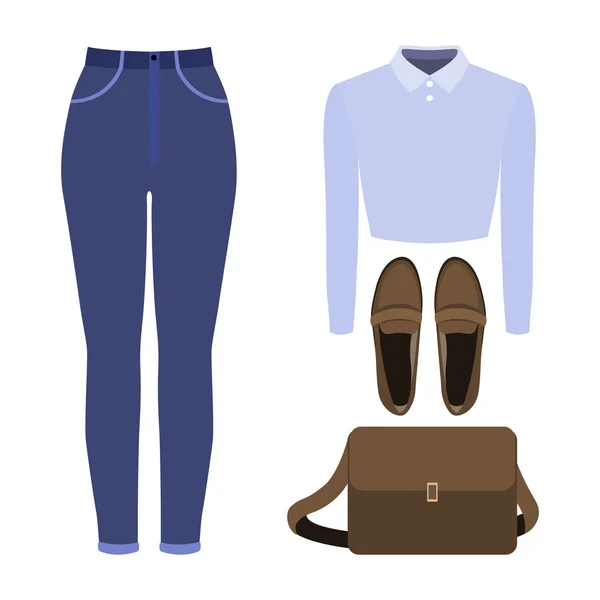 Conjunto de roupas femininas na moda. Roupa de mulher jeans, blusa e acessórios. Roupeiro feminino — Vetor de Stock