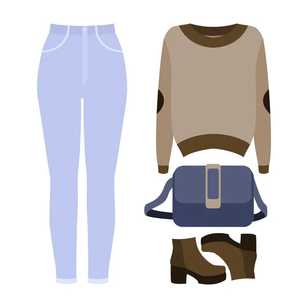 Conjunto de roupas femininas na moda. Roupa de mulher jeans, pulôver e acessórios. Roupeiro feminino —  Vetores de Stock