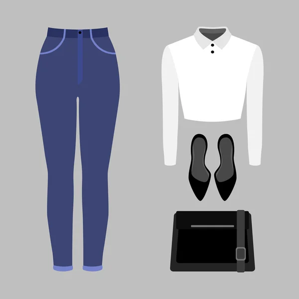 Ensemble de vêtements féminins tendance. Tenue de jeans femme, chemisier et accessoires. Armoire pour femmes — Image vectorielle