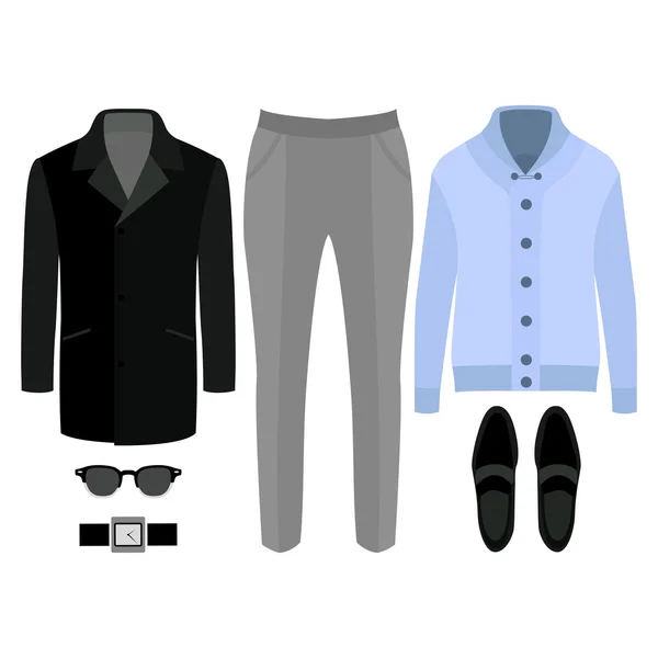 Conjunto de ropa de hombre de moda. Traje de abrigo de hombre, cárdigan, pantalones y accesorios. Armario de hombre — Vector de stock