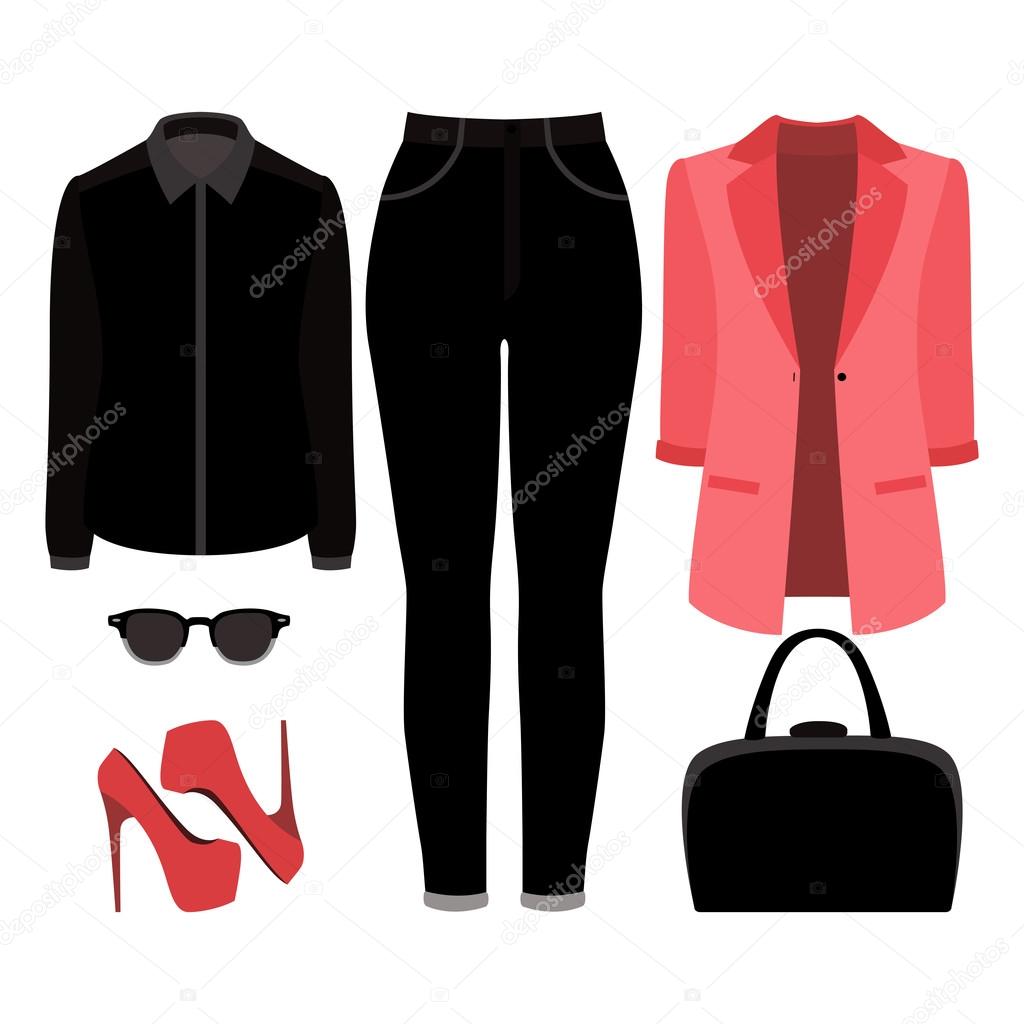 Set of trendy women's clothes. Outfit of woman jeans, jacket, shirt and accessories. Women's wardrobe