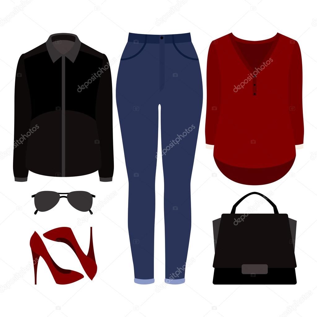 Set of trendy women's clothes. Outfit of woman jeans, blouse, shirt and accessories. Women's wardrobe