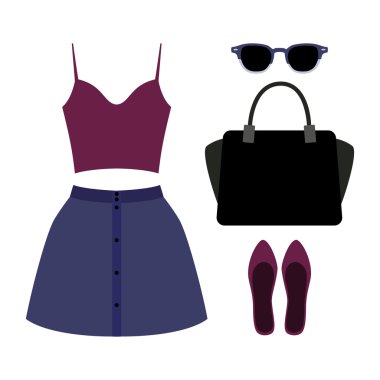 Modaya uygun kadın kıyafetleri seti. Kadın etek, üst ve aksesuarları kıyafeti
