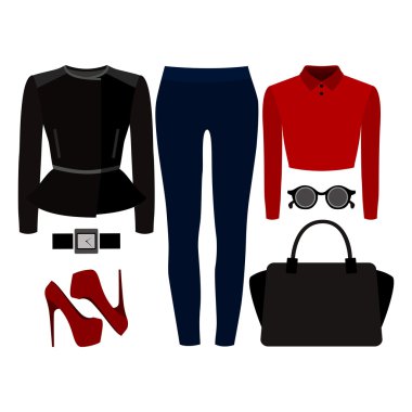 Modaya uygun kadın kıyafetleri seti. Kadın kot, rocker ceket, gömlek ve aksesuarları Kıyafeti