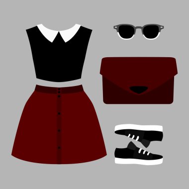 Modaya uygun kadın kıyafetleri seti. Kadın etek, bluz ve aksesuarları kıyafet