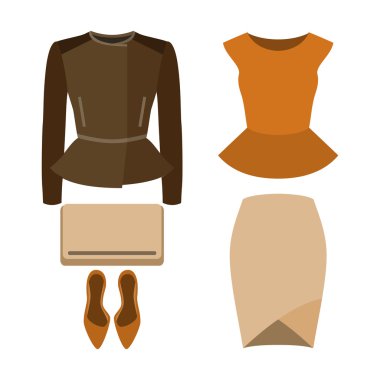 Modaya uygun kadın kıyafetleri seti. Kadın etek, rocker ceket, bluz ve aksesuarları kıyafeti