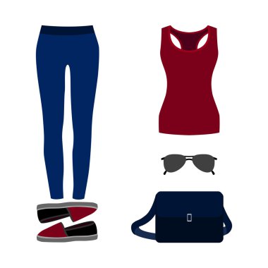 Modaya uygun kadın kıyafetleri seti. Kadın kot, tank üst ve aksesuarları Kıyafeti