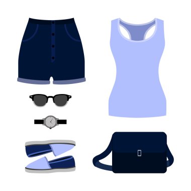 Modaya uygun kadın kıyafetleri seti. Kadın şort, tank üst ve aksesuarları kıyafeti