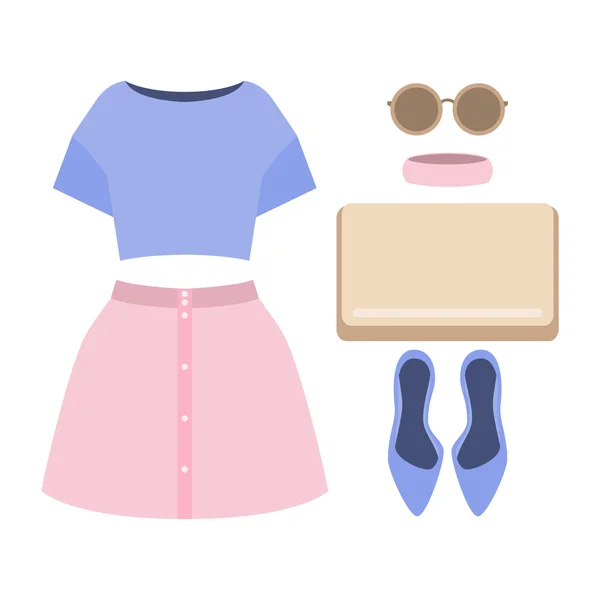 Set trendiger Frauenkleidung. Outfit aus Damenrock, Bluse und Accessoires — Stockvektor