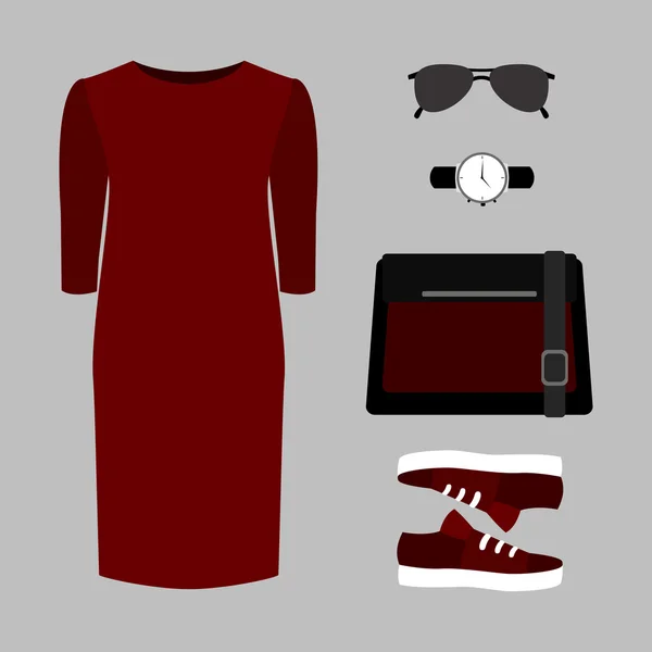 Set trendiger Frauenkleidung. Outfit der Frau Kleid und Accessoires — Stockvektor