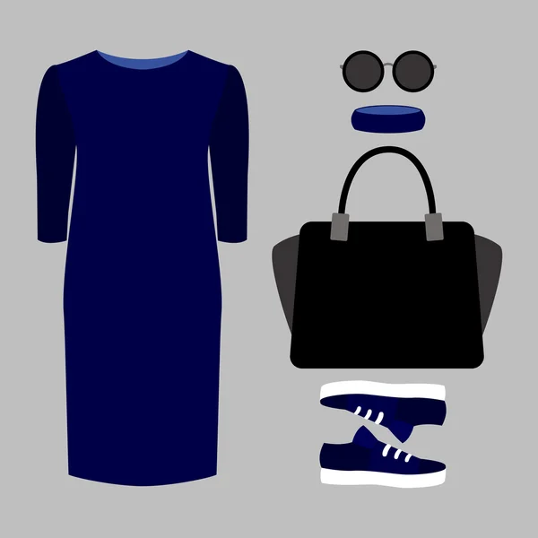 Ensemble de vêtements féminins tendance. Tenue de robe femme et accessoires — Image vectorielle