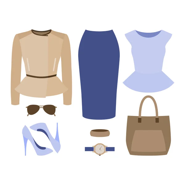トレンディな女性の服のセット。女性のスカート、ロッカージャケット、ブラウス、アクセサリーの衣装 — ストックベクタ