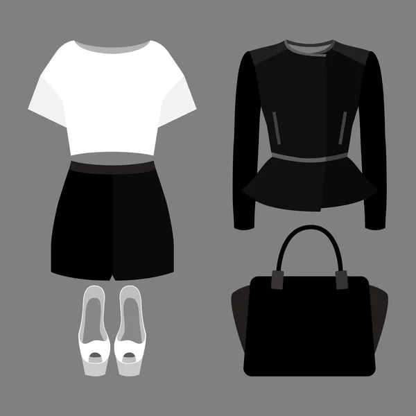 Conjunto de roupas femininas na moda. Roupa de mulher shorts, jaqueta de balancim, blusa e acessórios —  Vetores de Stock