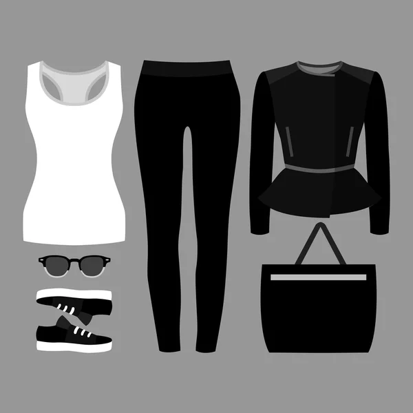 Conjunto de roupas femininas na moda. Roupa de mulher jeans, jaqueta, top tanque e acessórios — Vetor de Stock