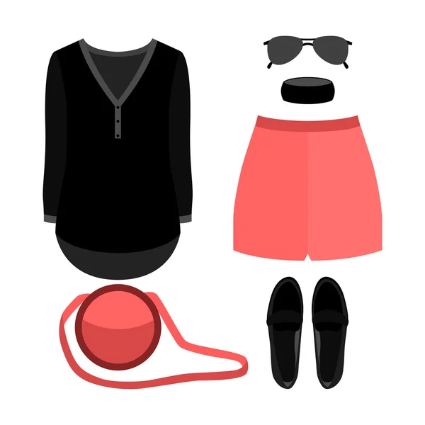 Conjunto de ropa de mujer de moda. Traje de mujer pantalones cortos, camisa y accesorios — Vector de stock