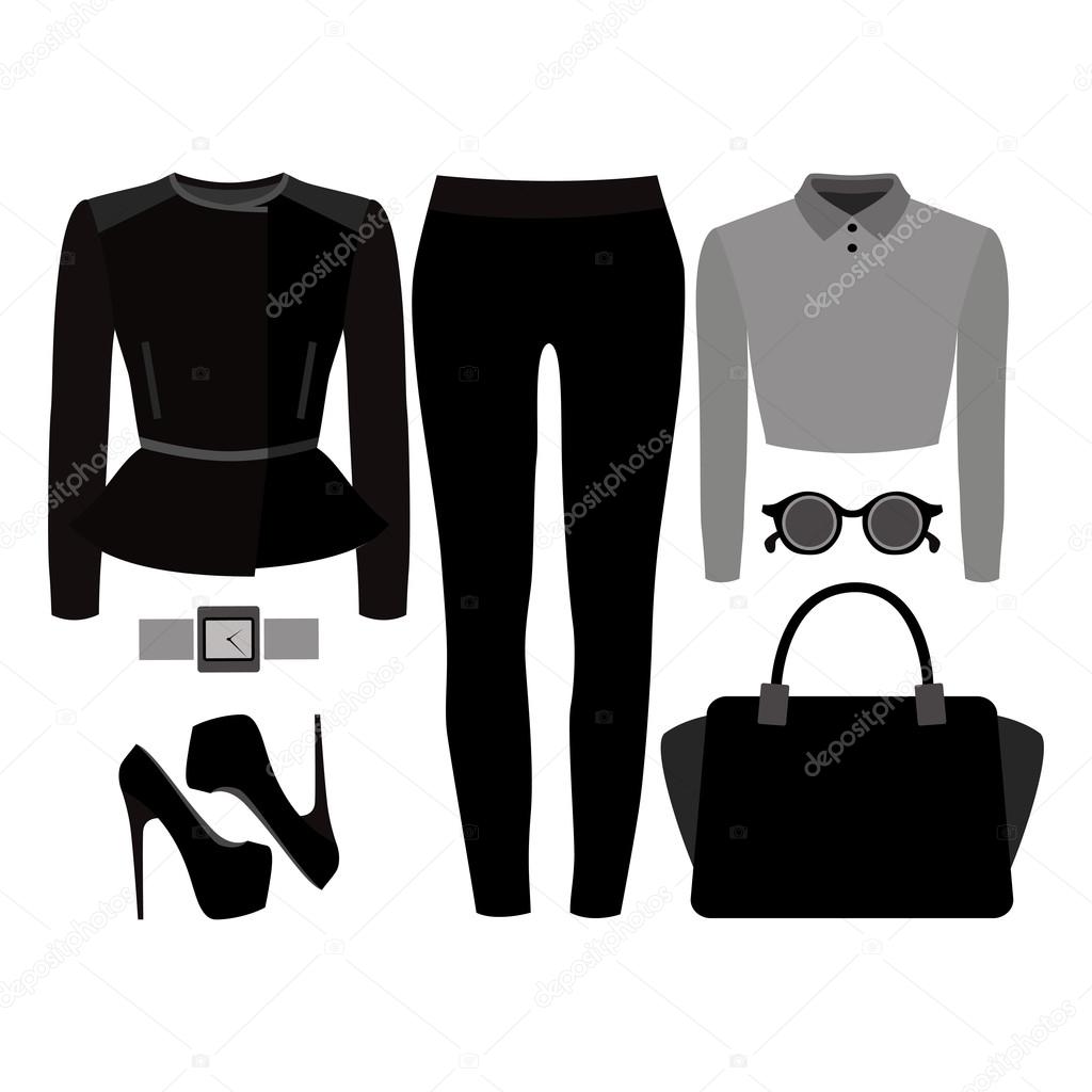 Set of trendy women's clothes. Outfit of woman jeans, rocker jacket, shirt and accessories