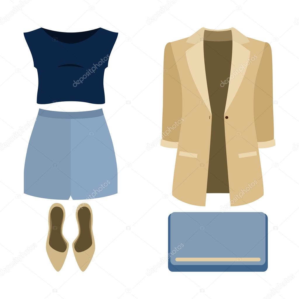 Set of trendy women's clothes. Outfit of woman shorts, jacket, blouse and accessories