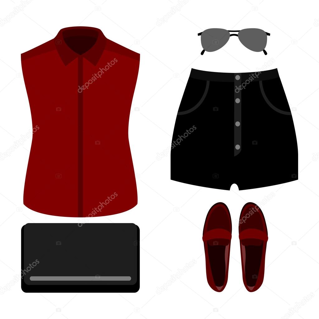 Set of trendy women's clothes. Outfit of woman shorts, shirt and accessories