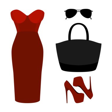 Modaya uygun kadın kıyafetleri seti. Kadın elbise ve aksesuarları kıyafeti