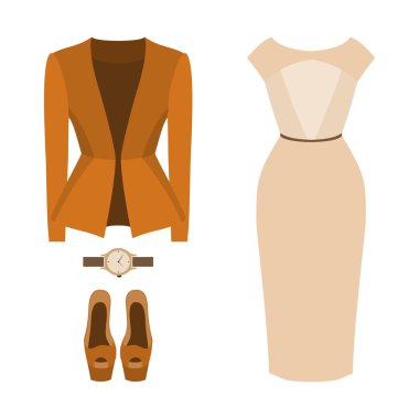 Modaya uygun kadın kıyafetleri seti. Kadın elbise, ceket ve aksesuarları kıyafeti