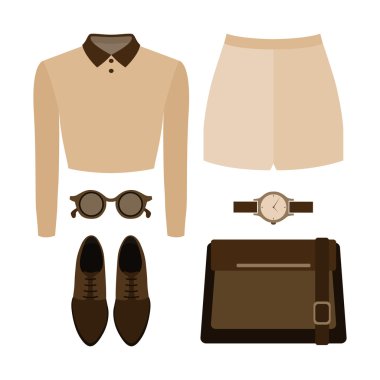 Modaya uygun kadın kıyafetleri seti. Kadın şort, üst ve aksesuarları Kıyafet